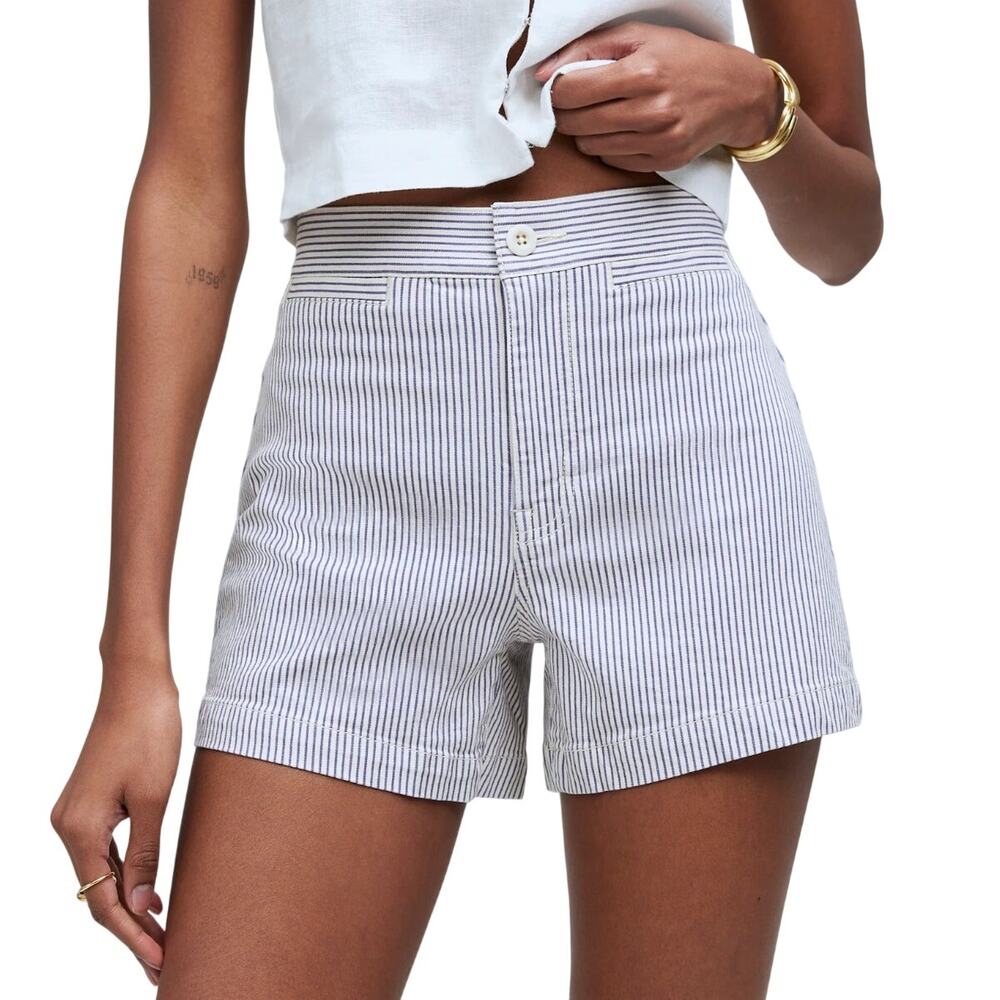 Madewell The Emmett Short Welt Pocket striped cream navy blue size 33 NWT cotton